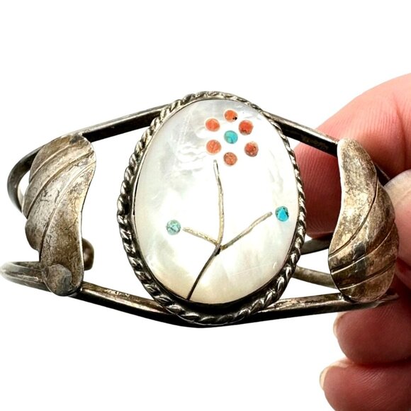Native American Jewelry - Native American Southwest Womens Bracelet Sterling Silver Pearl Coral Turquoise